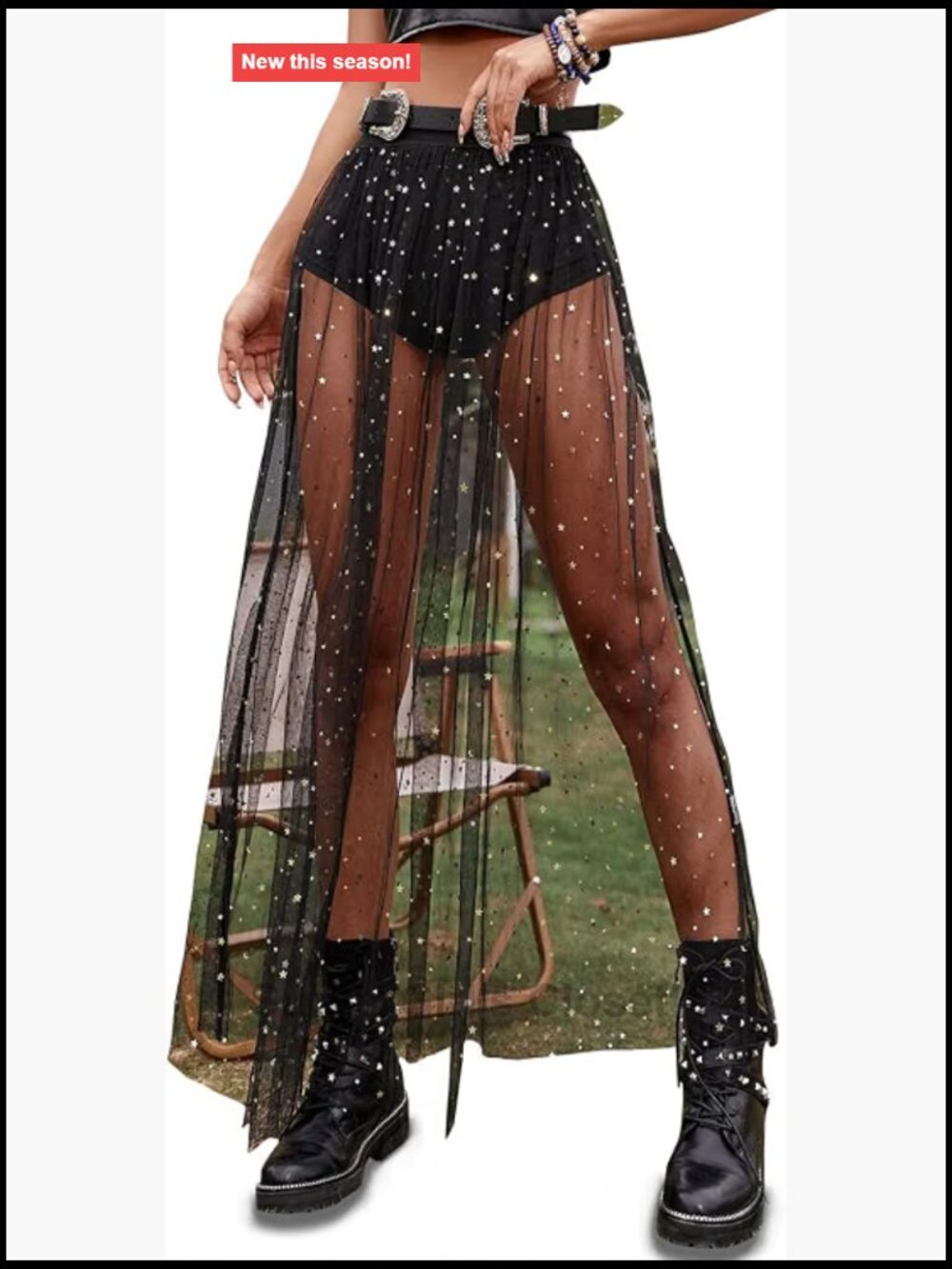 2 in 1 Sheer Mesh Maxi Skirt High Waist A-Line Rave Festival Clubwear Sequin